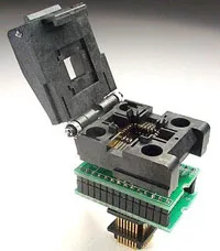 Image of a PLCC to PLCC test adapter, featuring a compact, square design with a PLCC socket on both top and bottom sides. Facilitates direct testing and connectivity between PLCC circuits.
