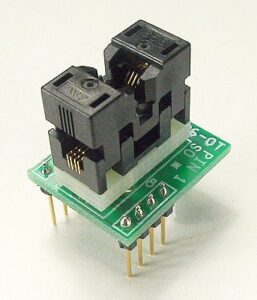 Image of an MSOP to DIP adapter, featuring a slender design with a recess for MSOP chips and dual rows of pins for DIP socket insertion. This compact adapter bridges MSOP chips to DIP environments, enabling easy programming and testing.