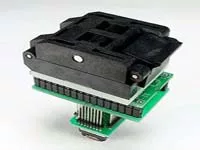 Image of a QFP to QFP test adapter, designed to be soldered in place of a QFP device, with a ZIF socket on top for easy and repeated testing of devices. Ideal for efficient device/system evaluation.