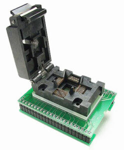 Image of a QFP to DIP programming adapter, featuring a slim design with a central QFP slot and parallel DIP pins on both sides for insertion into DIP sockets. Enables seamless QFP chip programming in DIP setups.