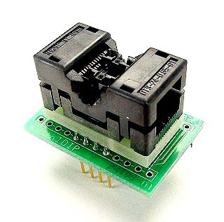 PA8TSS-1-6 Programming Adapter, showcasing its dual sub-assembly construction and pin 1 indicators for accurate alignment, compatible with Rohm 93LC46FV and other 8-pin TSSOP devices.